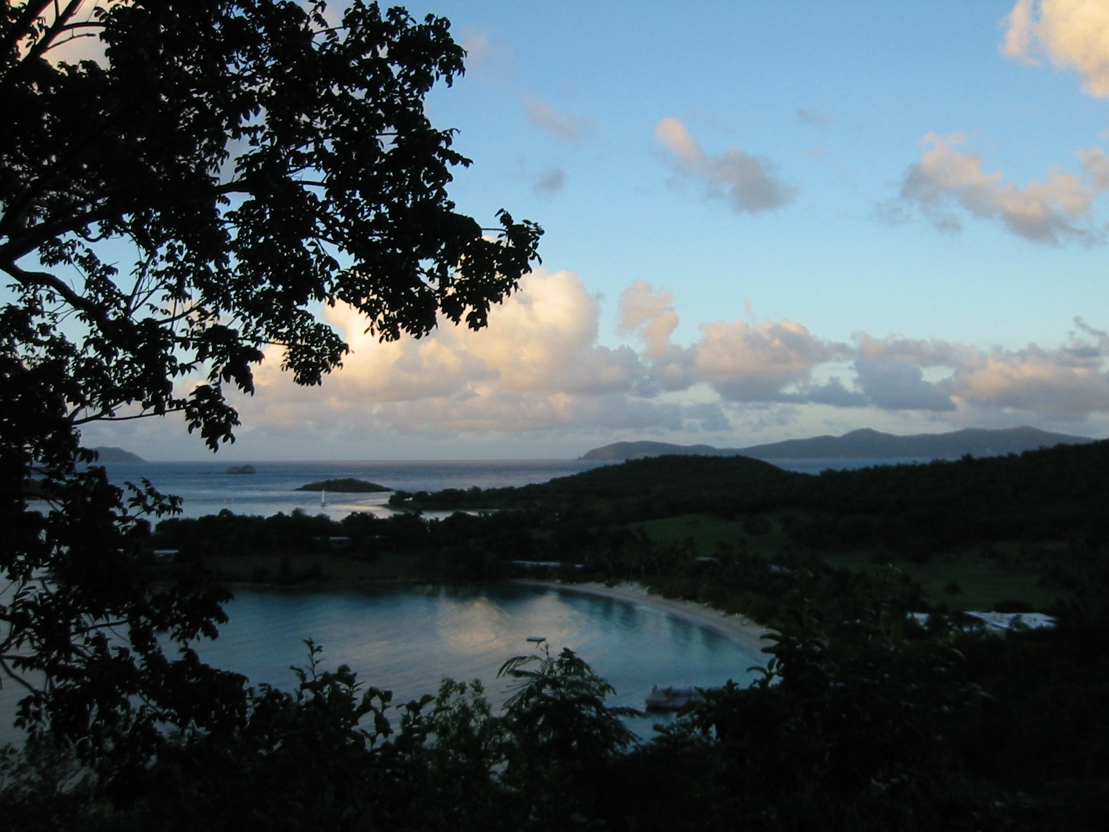 View of Caneel at dusk from the North Shore road